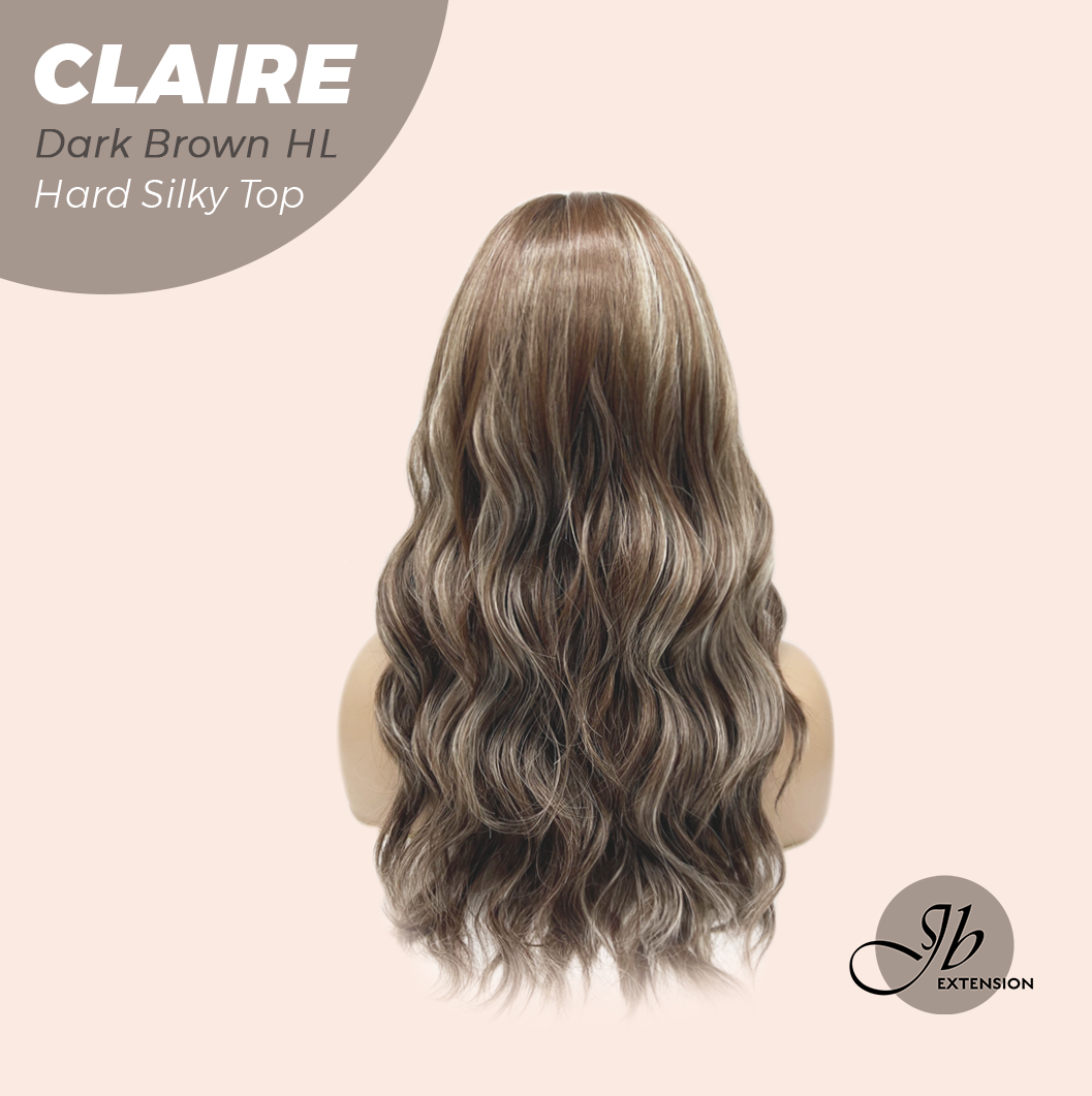 JBEXTENSION 22 Inches Scalpiana Dark Brown Highlight 3.5X4 Hard Silky Top Natural Scalp Effect Women Wig with Bangs CLAIRE SILKY TOP - DARK BROWN HIGHLIGHT