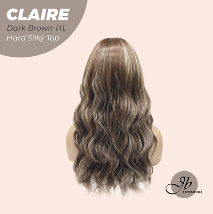 JBEXTENSION 22 Inches Scalpiana Dark Brown Highlight 3.5X4 Hard Silky Top Natural Scalp Effect Women Wig with Bangs CLAIRE SILKY TOP - DARK BROWN HIGHLIGHT