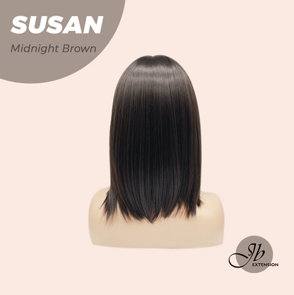JBEXTENSION 14 Inches Short Bob Cut Midnight Brown Wig with Bangs SUSAN MIDNIGHT BROWN