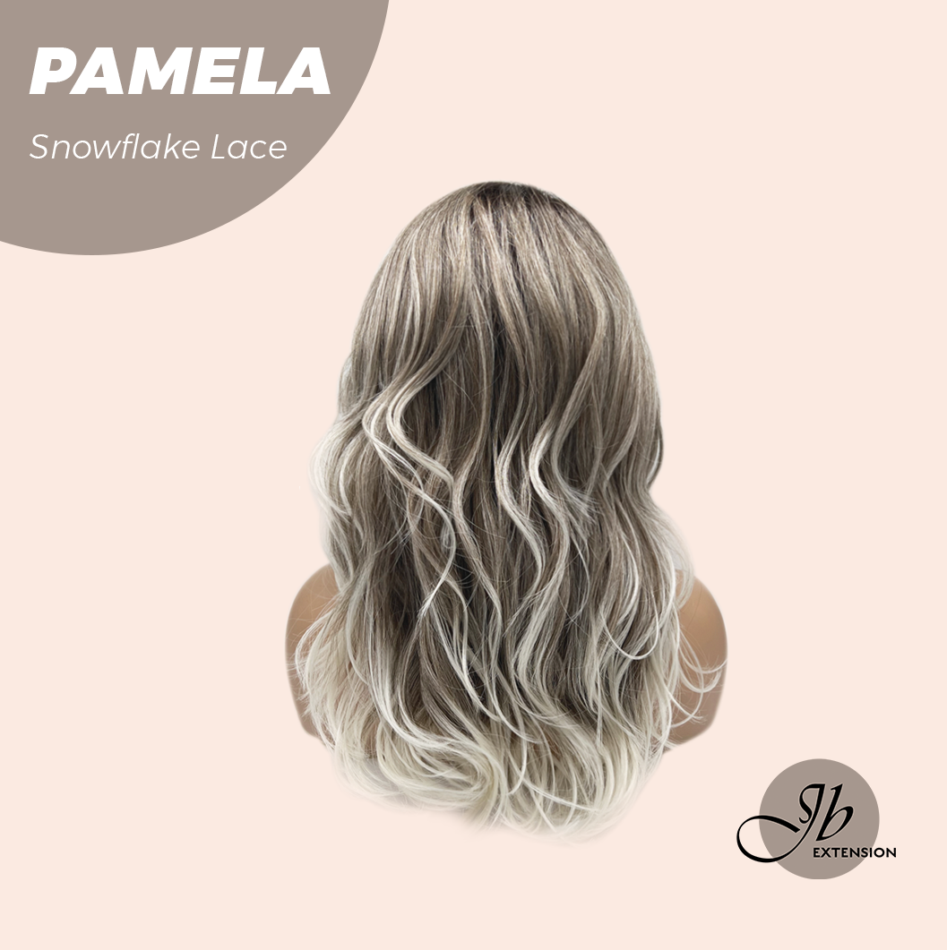 JBEXTENSION 18 Inches Curly Smog Ash Grey Pre-Cut Side Part Snowflake Lace Frontlace Glueless Wig PAMELA SNOWFLAKE【BENDY EAR TABS】