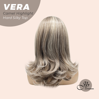 JBEXTENSION 17 Inches Scalpiana Curly Camel Highlight 3.5X4 Hard Silky Top Natural Scalp Effect Wig with Bangs VERA CAMEL HIGHLIGHT