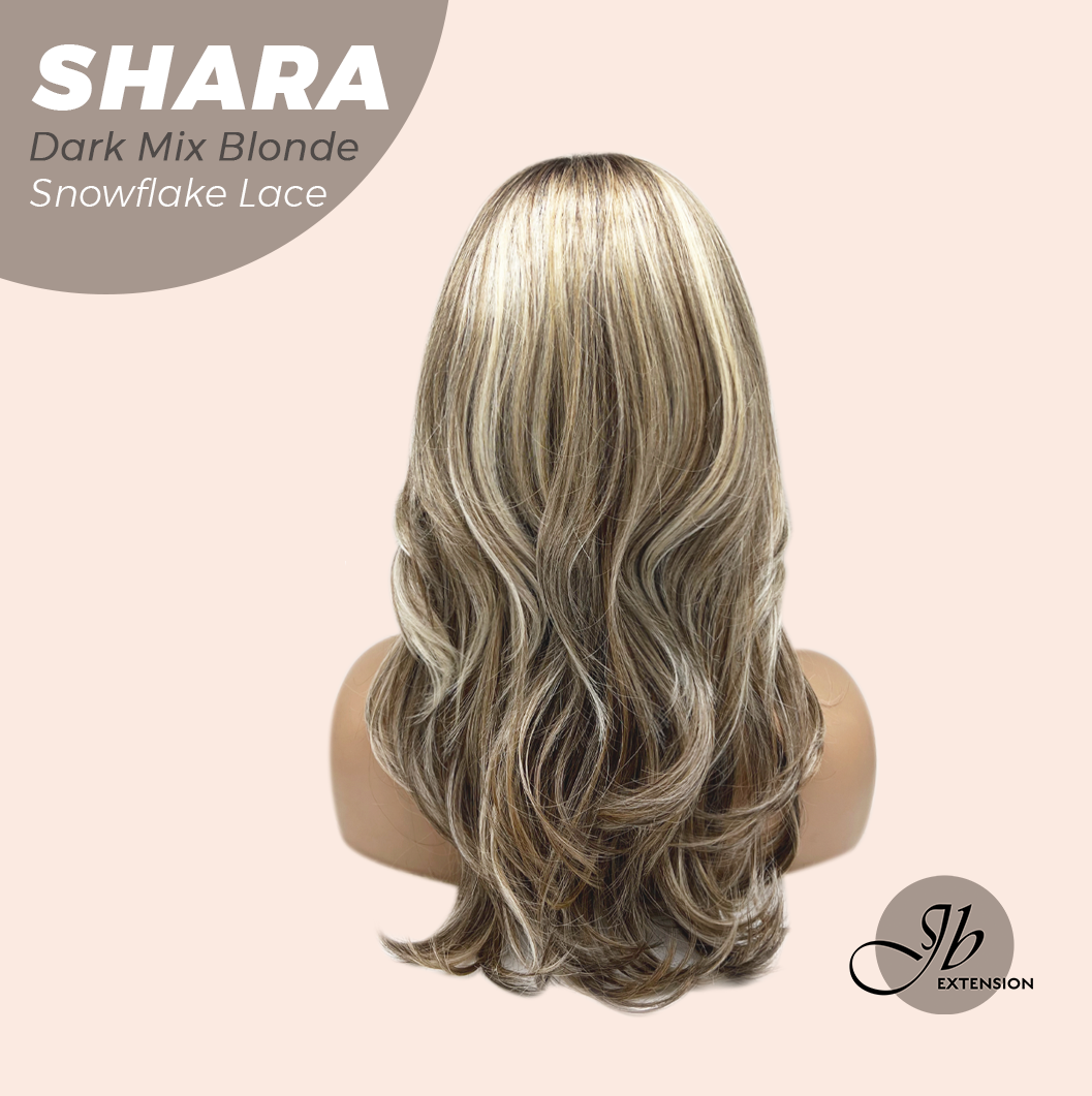JBEXTENSION 17 Inches Curly Dark Mix Blonde Pre-Cut Arc Snowflake Lace Frontlace Glueless Wig SHARA DARK MIX BLONDE【BENDY EAR TABS】