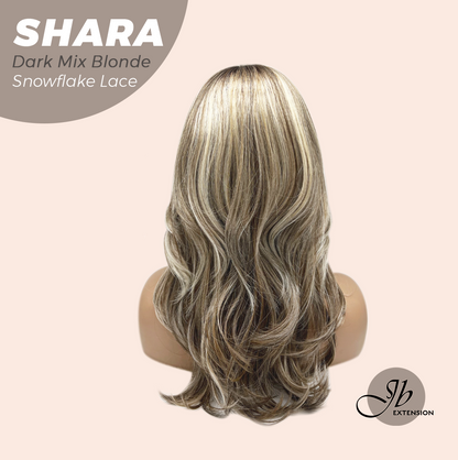 JBEXTENSION 17 Inches Curly Dark Mix Blonde Pre-Cut Arc Snowflake Lace Frontlace Glueless Wig SHARA DARK MIX BLONDE【BENDY EAR TABS】