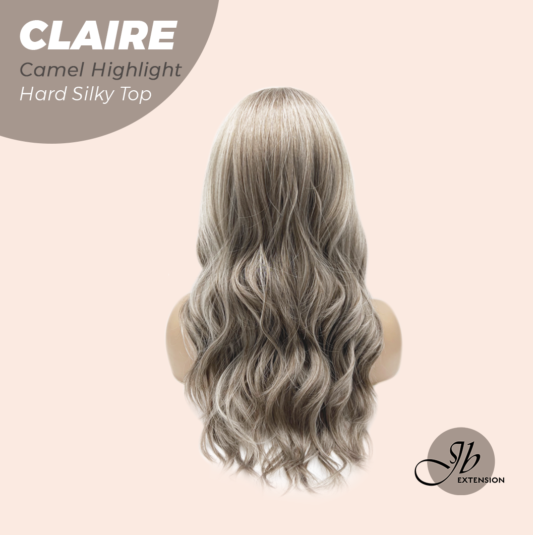 JBEXTENSION 22 Inches Scalpiana Camel Highlight 3.5X4 Hard Silky Top Natural Scalp Effect Women Wig with Bangs CLAIRE SILKY TOP - CAMEL HIGHLIGHT