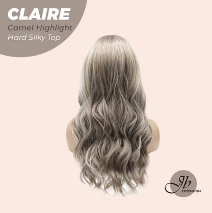 JBEXTENSION 22 Inches Scalpiana Camel Highlight 3.5X4 Hard Silky Top Natural Scalp Effect Women Wig with Bangs CLAIRE SILKY TOP - CAMEL HIGHLIGHT