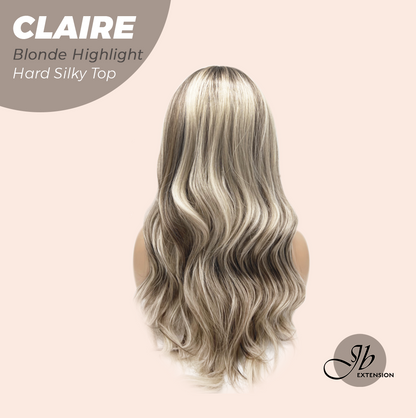 JBEXTENSION 22 Inches Scalpiana Blonde Highlight 3.5X4 Hard Silky Top Natural Scalp Effect Women Wig with Bangs CLAIRE SILKY TOP - BLONDE HIGHLIGHT