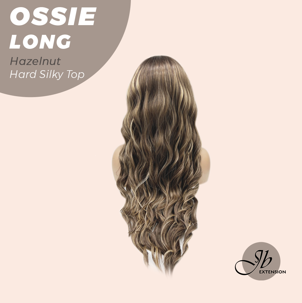 JBEXTENSION 28 Inches Scalpiana Long Wave Hazelnut 3.5X4 Hard Silky Top Natural Scalp Effect Wig with Bangs OSSIE LONG - HAZELNUT