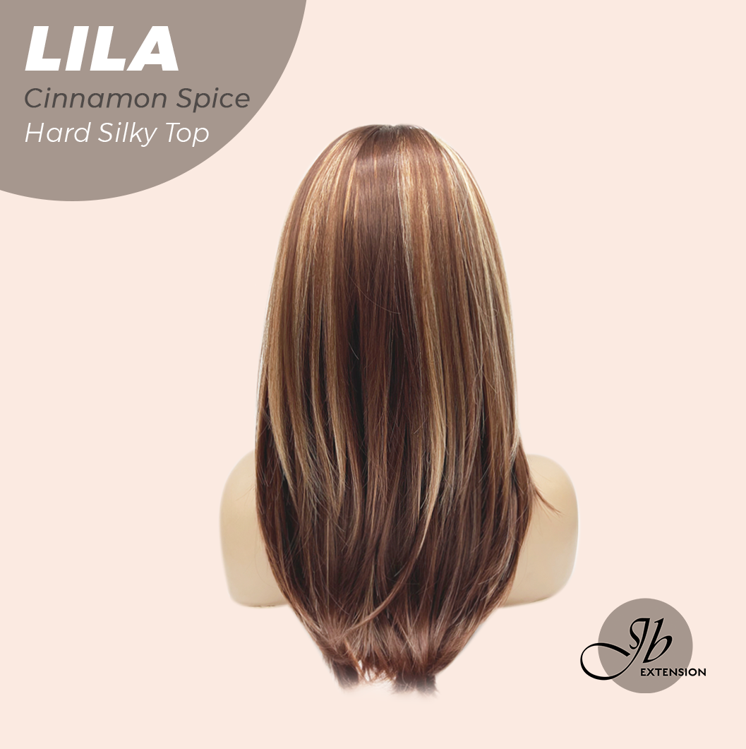 JBEXTENSION 20 Inches Scalpiana Cinnamon Spice Wolf Cut 3.5X4 Hard Silky Top Natural Scalp Effect Wig With Bangs LILA CINNAMON SPICE
