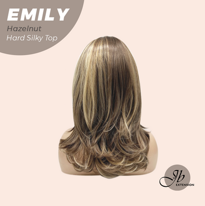 JBEXTENSION 18 Inches Scalpiana Curly Hazelnut 3.5X4 Hard Silky Top Natural Scalp Effect Wig with Bangs EMILY HAZELNUT