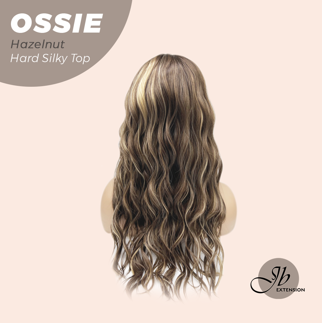 JBEXTENSION 22 Inches Scalpiana Long Wave Hazelnut 3.5X4 Hard Silky Top Natural Scalp Effect Wig with Bangs OSSIE HAZELNUT