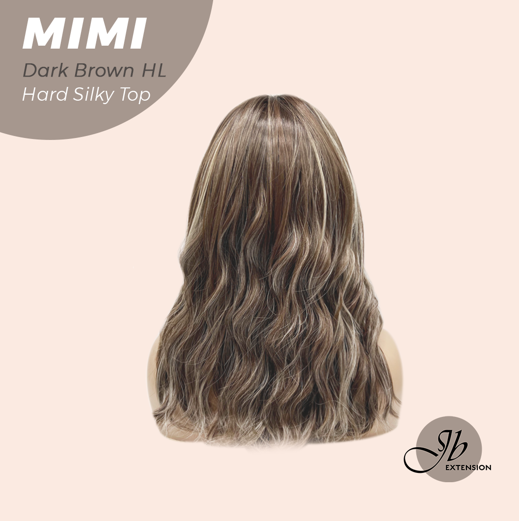 JBEXTENSION 16 Inches Scalpiana 3.5X4 Hard Silky Top Natural Scalp Effect Dark Brown Highlight Body Wave Wig with Bangs Wig MIMI SILK TOP - DARK BROWN HIGHLIGHT