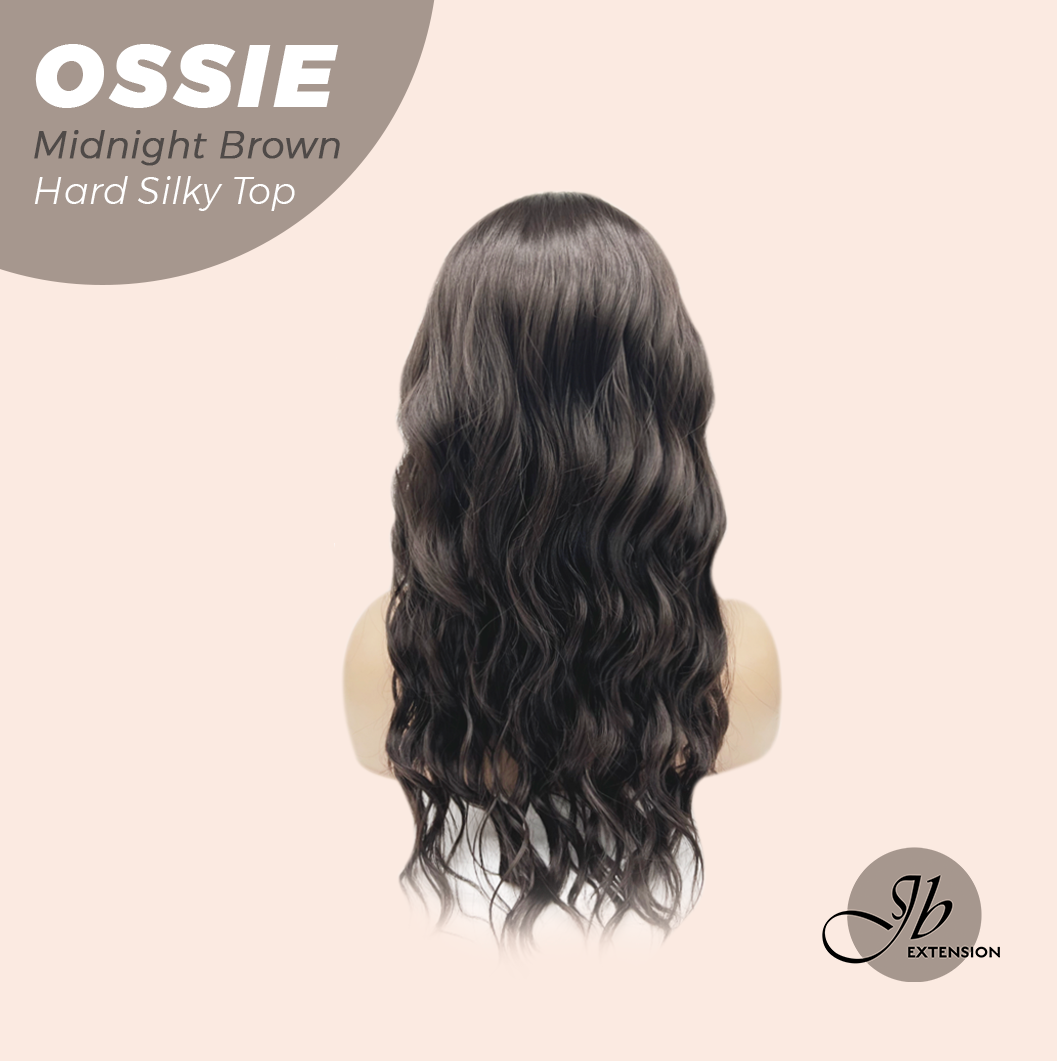 JBEXTENSION 22 Inches Scalpiana Long Wave Midnight Brown(Black/Brown) 3.5X4 Hard Silky Top Natural Scalp Effect Wig with Bangs OSSIE MIDNIGHT BROWN