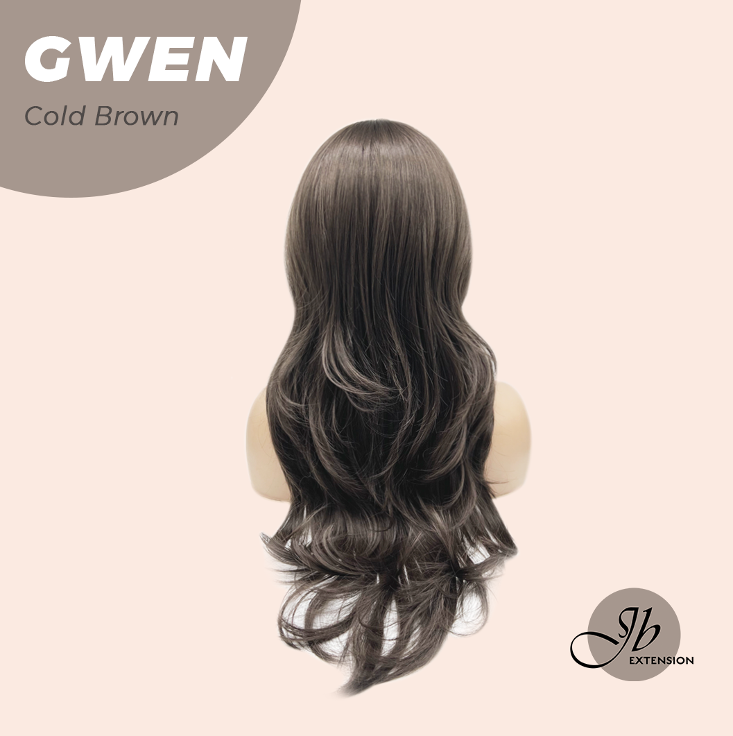 JBEXTENSION 25 Inches Long Curly Cold Brown Wig with Bangs GWEN COLD BROWN