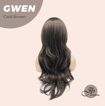 JBEXTENSION 25 Inches Long Curly Cold Brown Wig with Bangs GWEN COLD BROWN