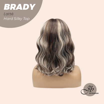 JBEXTENSION 12 Inches Scalpiana Wave Latté 3.5X4 Hard Silky Top Natural Scalp Effect Wig with Bangs BRADY LATTé