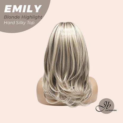 JBEXTENSION 18 Inches Scalpiana Curly Blonde Highlight 3.5X4 Hard Silky Top Natural Scalp Effect Wig with Bangs EMILY BLONDE HIGHLIGHT