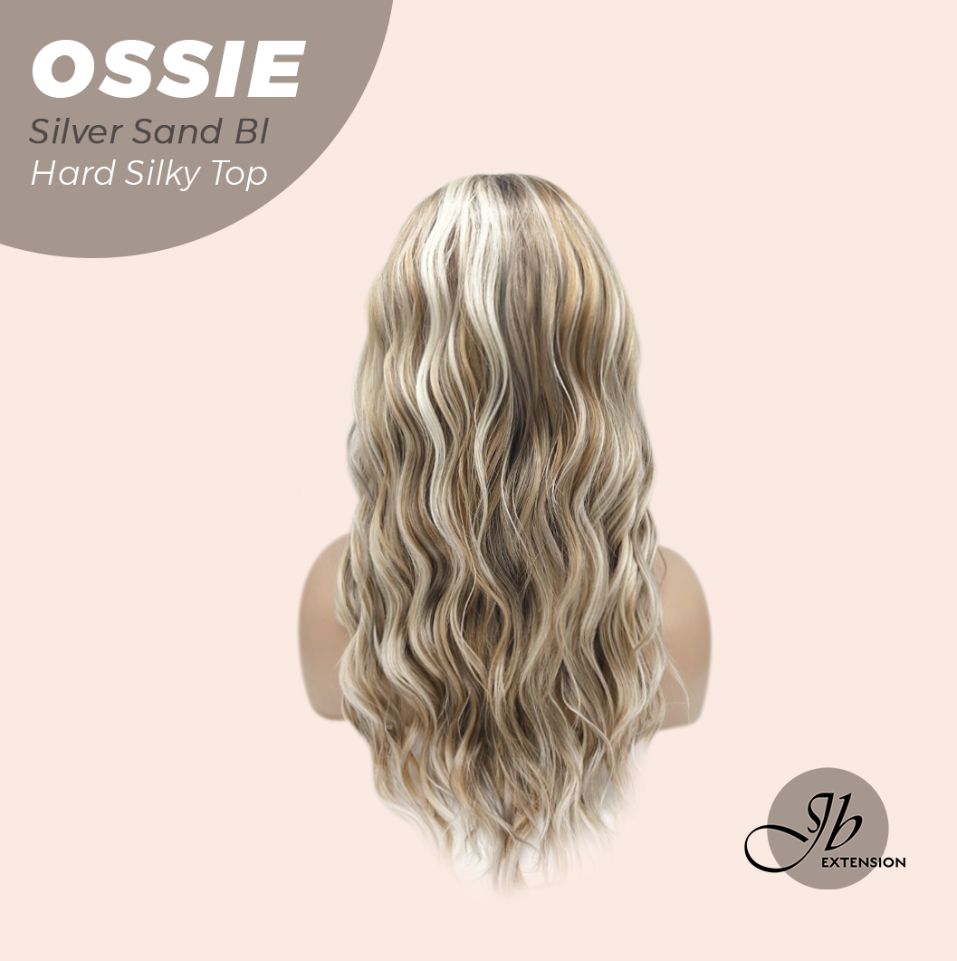 JBEXTENSION 22 Inches Scalpiana Long Wave Silver Sand Blonde 3.5X4 Hard Silky Top Natural Scalp Effect Wig with Bangs OSSIE SILVER SAND BLONDE