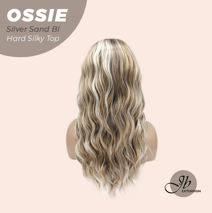 JBEXTENSION 22 Inches Scalpiana Long Wave Silver Sand Blonde 3.5X4 Hard Silky Top Natural Scalp Effect Wig with Bangs OSSIE SILVER SAND BLONDE