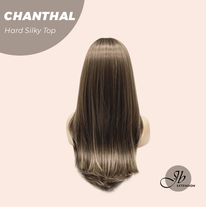 [FINAL SALE] JBEXTENSION 25 Inches Scalpiana Brown with Blonde Highlight 3.5X4 Hard Silky Top Natural Scalp Effect Wig With Bangs CHANTHAL