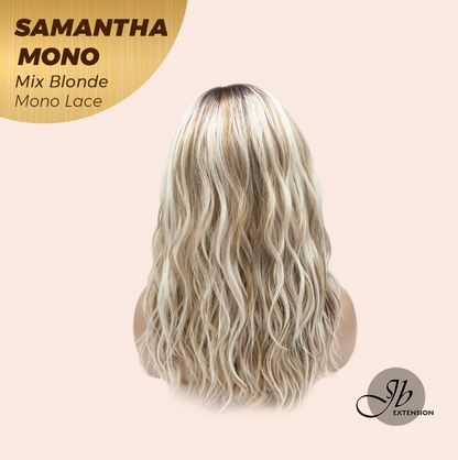 JBEXTENSION SAMANTHA MONO Full Monofilament Handmade Full Lace Full Hand Tied Wig 17 Inches Mix Blonde Mono Lace Handmade Futura Fiber Wig with Anti-slip Silicone Strips Glueless Wig SAMANTHA MONO MIX BLONDE【BENDY EAR TABS】