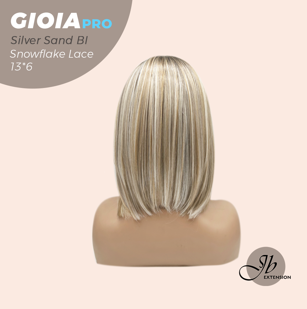 JBEXTENSION 14 Inches Silver Sand Blonde Pre-Cut 13X6 Free Part Snowflake Lace Frontlace Bob Cut Glueless Wig GIOIA PRO - SILVER SAND BLONDE【BENDY EAR TABS】