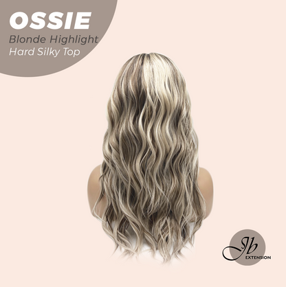JBEXTENSION 22 Inches Scalpiana Long Wave Blonde Highlight 3.5X4 Hard Silky Top Natural Scalp Effect Wig with Bangs OSSIE BLONDE HIGHLIGHT