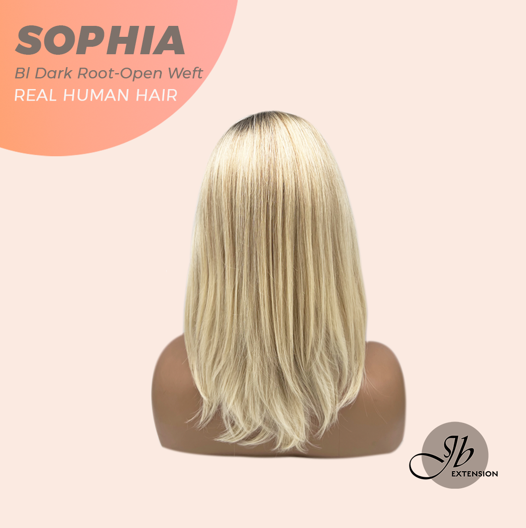 JBEXTENSION 12 Inches Blonde with Dark Root Pre-Cut Free Part Frontlace Glueless Real Human Hair Wig SOPHIA BLONDE WITH DARK ROOT - Open Weft【BENDY EAR TABS】