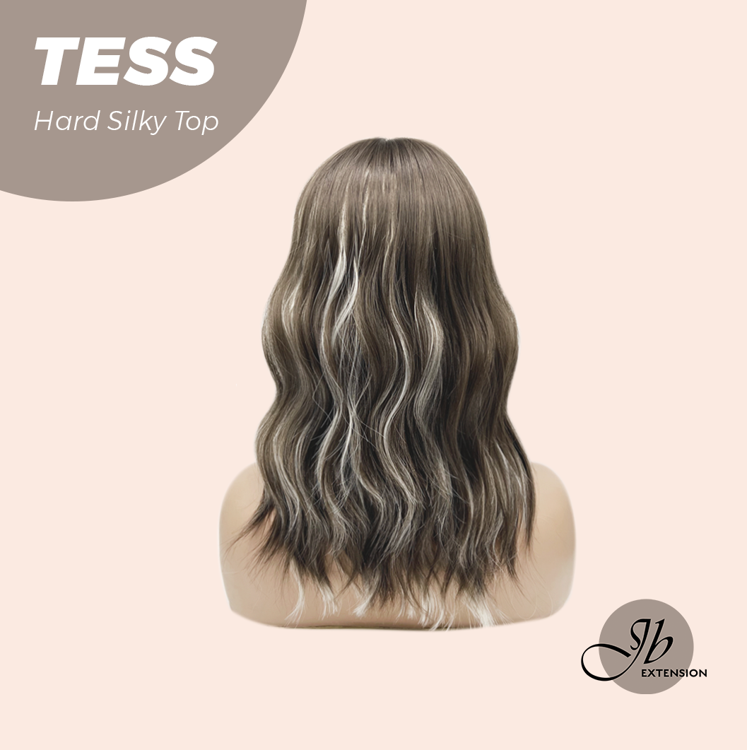 JBEXTENSION 15 Inches Scalpiana Wave Light Brown with Highlight 3.5X4 Hard Silky Top Natural Scalp Effect Wig with Bangs TESS