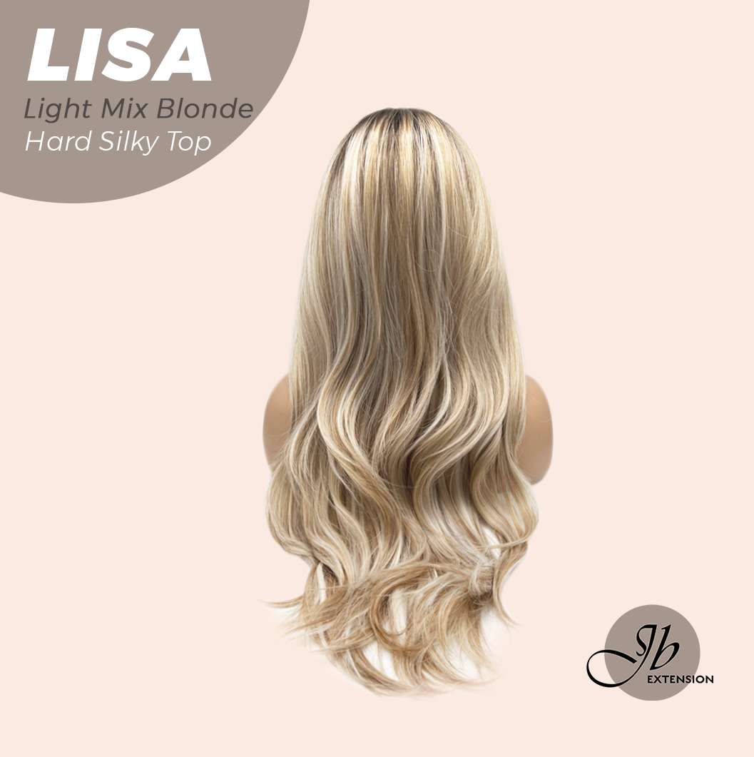 JBEXTENSION 26 Inches Scalpiana Long Curly Light Mix Blonde 3.5X4 Hard Silky Top Natural Scalp Effect Wig with Bangs LISA LIGHT MIX BLONDE