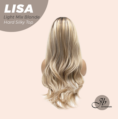 JBEXTENSION 26 Inches Scalpiana Long Curly Light Mix Blonde 3.5X4 Hard Silky Top Natural Scalp Effect Wig with Bangs LISA LIGHT MIX BLONDE