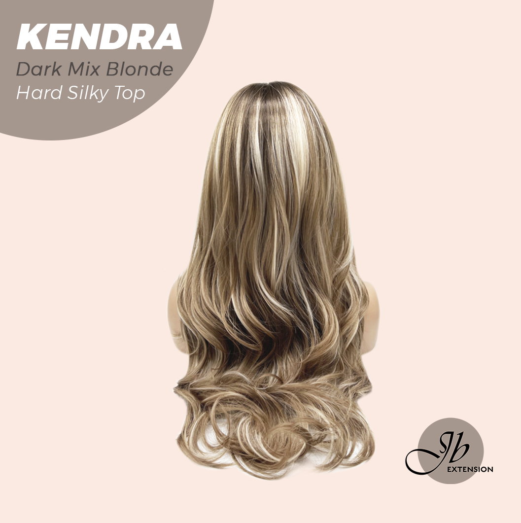JBEXTENSION 26 Inches Scalpiana Long Curly Dark Mix Blonde 3.5X4 Hard Silky Top Natural Scalp Effect Wig with Bangs KENDRA DARK MIX BLONDE