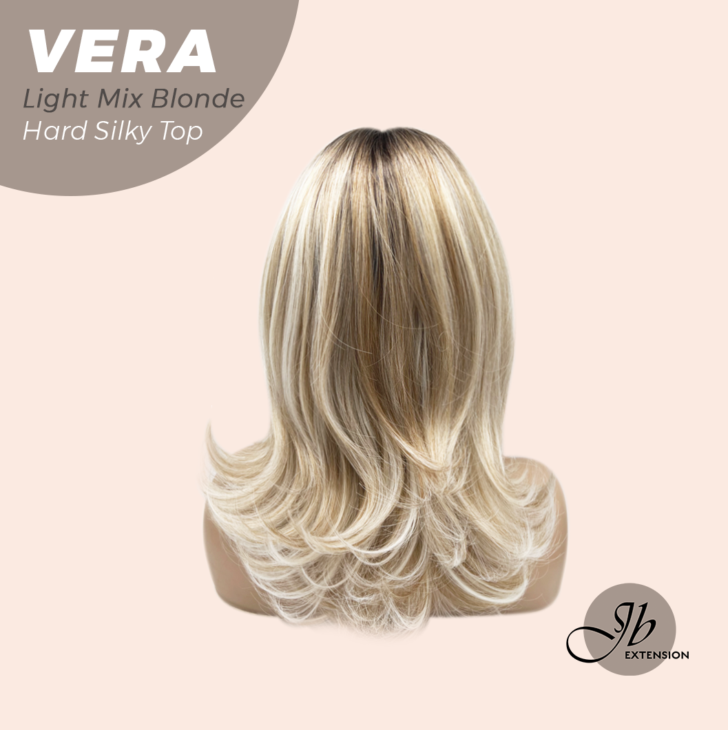 JBEXTENSION 17 Inches Scalpiana Curly Light Mix Blonde 3.5X4 Hard Silky Top Natural Scalp Effect Wig with Bangs VERA LIGHT MIX BLONDE