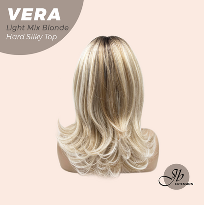 JBEXTENSION 17 Inches Scalpiana Curly Light Mix Blonde 3.5X4 Hard Silky Top Natural Scalp Effect Wig with Bangs VERA LIGHT MIX BLONDE