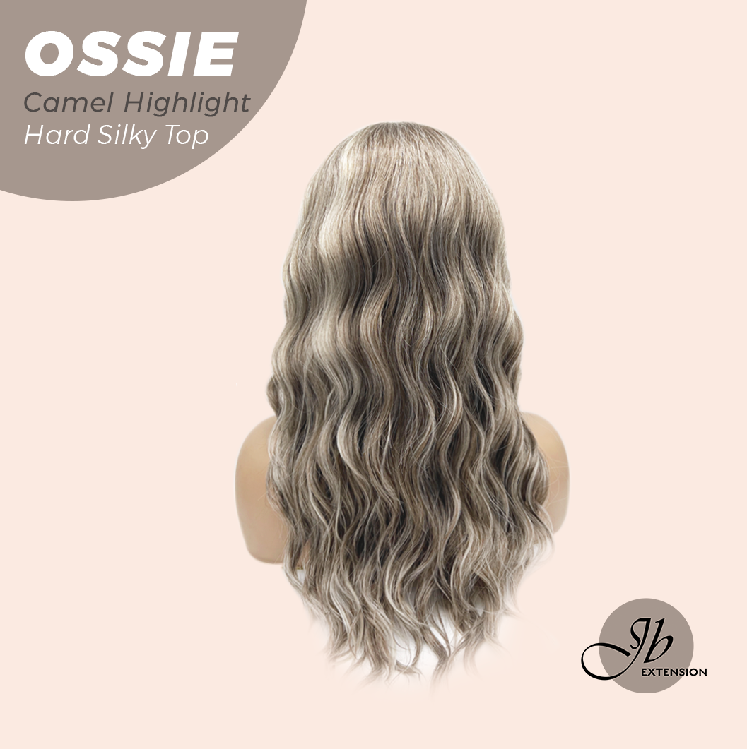 JBEXTENSION 22 Inches Scalpiana Long Wave Camel Highlight 3.5X4 Hard Silky Top Natural Scalp Effect Wig with Bangs OSSIE CAMEL HIGHLIGHT