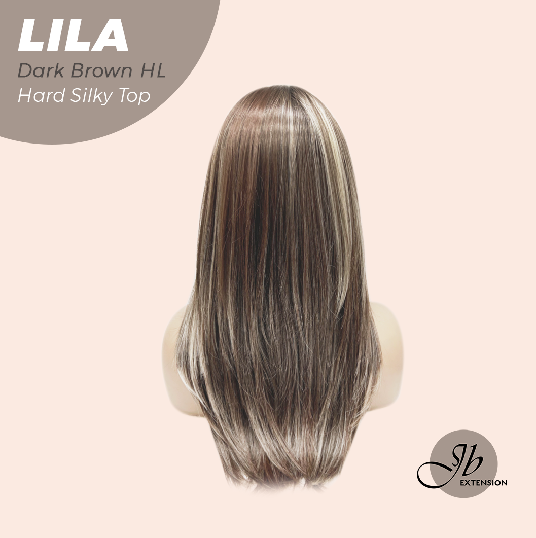 JBEXTENSION 20 Inches Scalpiana Dark Brown Highlight Wolf Cut 3.5X4 Hard Silky Top Natural Scalp Effect Wig With Bangs LILA DARK BROWN HIGHLIGHT