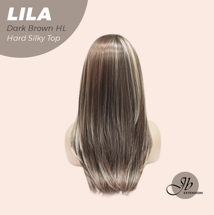 JBEXTENSION 20 Inches Scalpiana Dark Brown Highlight Wolf Cut 3.5X4 Hard Silky Top Natural Scalp Effect Wig With Bangs LILA DARK BROWN HIGHLIGHT