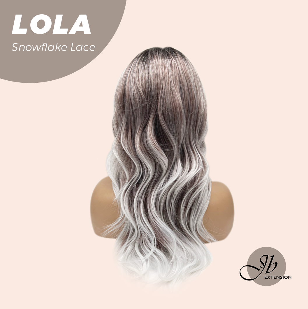 JBEXTENSION 20 Inches Curly Dark Brown with Grey Meches Hair Pre-Cut Arc Snowflake Lace Frontlace Glueless Wig LOLA SNOWFLAKE【BENDY EAR TABS】