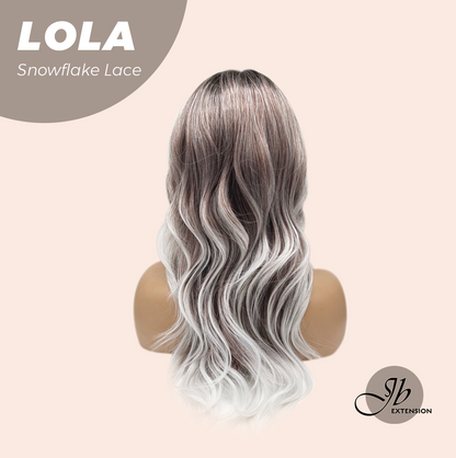 JBEXTENSION 20 Inches Curly Dark Brown with Grey Meches Hair Pre-Cut Arc Snowflake Lace Frontlace Glueless Wig LOLA SNOWFLAKE【BENDY EAR TABS】