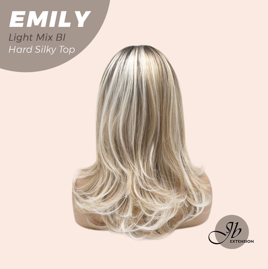JBEXTENSION 18 Inches Scalpiana Curly Light Mix Blonde 3.5X4 Hard Silky Top Natural Scalp Effect Wig with Bangs EMILY LIGHT MIX BLONDE