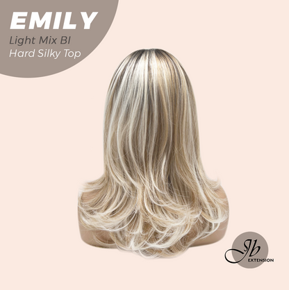 JBEXTENSION 18 Inches Scalpiana Curly Light Mix Blonde 3.5X4 Hard Silky Top Natural Scalp Effect Wig with Bangs EMILY LIGHT MIX BLONDE