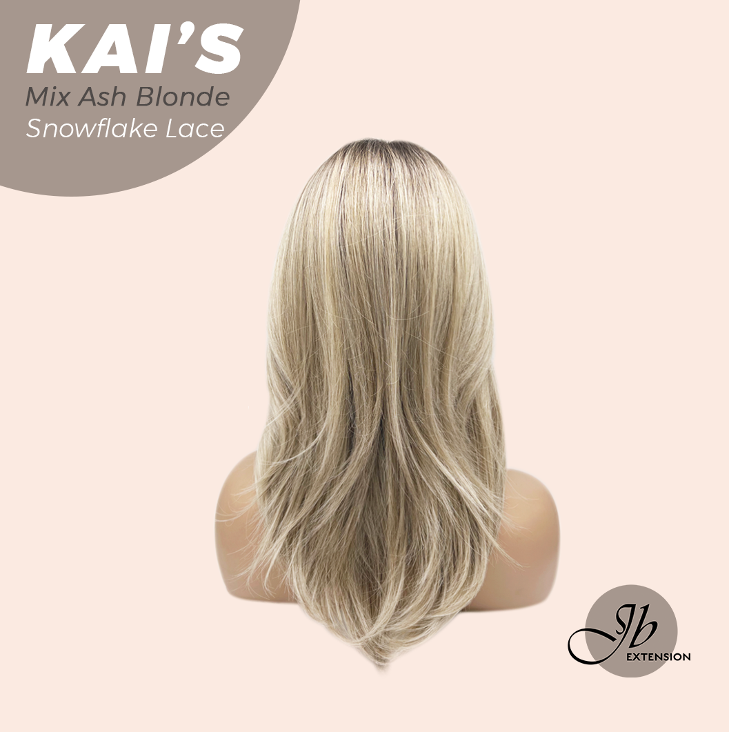 JBEXTENSION 18 Inches Mix Ash Blonde Pre-Cut Snowflake Lace Frontlace Glueless Wig KAI'S MIX ASH BLONDE【PERMATEASE】【BENDY EAR TABS】- M/L
