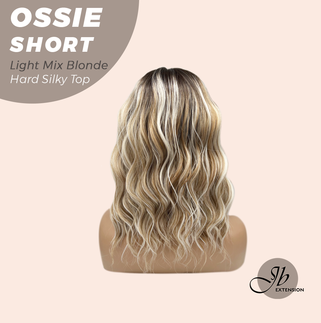 JBEXTENSION 14 Inches Scalpiana Wave Light Mix Blonde 3.5X4 Hard Silky Top Natural Scalp Effect Wig with Bangs OSSIE SHORT - LIGHT MIX BLONDE