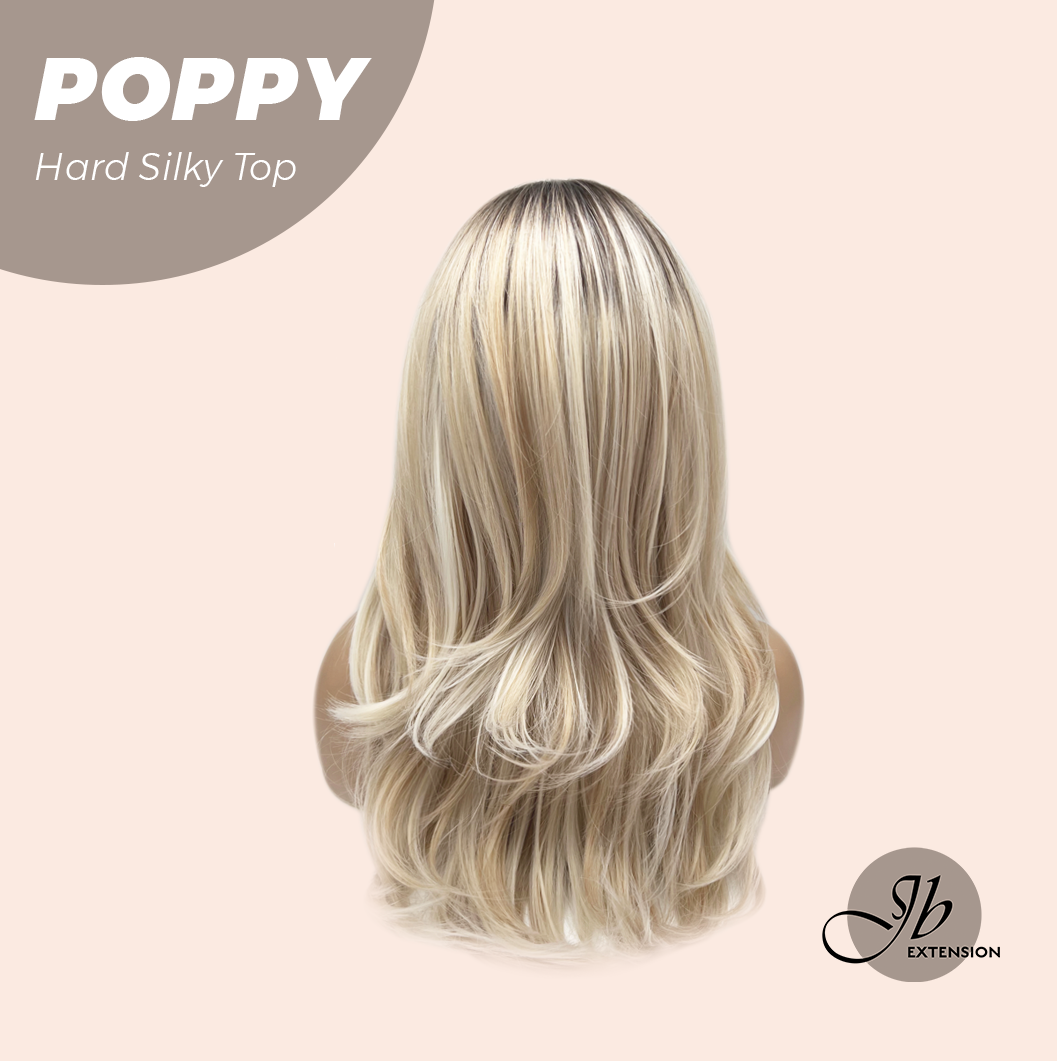 JBEXTENSION 21 Inches Scalpiana Curly Mix Blonde with Dark Root 3.5X4 Hard Silky Top Natural Scalp Effect Wig with Bangs POPPY