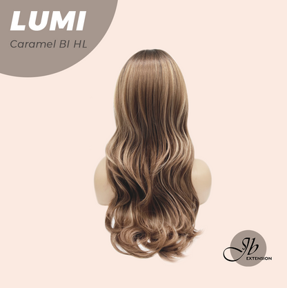 JBEXTENSION 23 Inches Curly Caramel Blonde Highlight Wig with Bangs LUMI CARAMEL BLONDE HIGHLIGHT