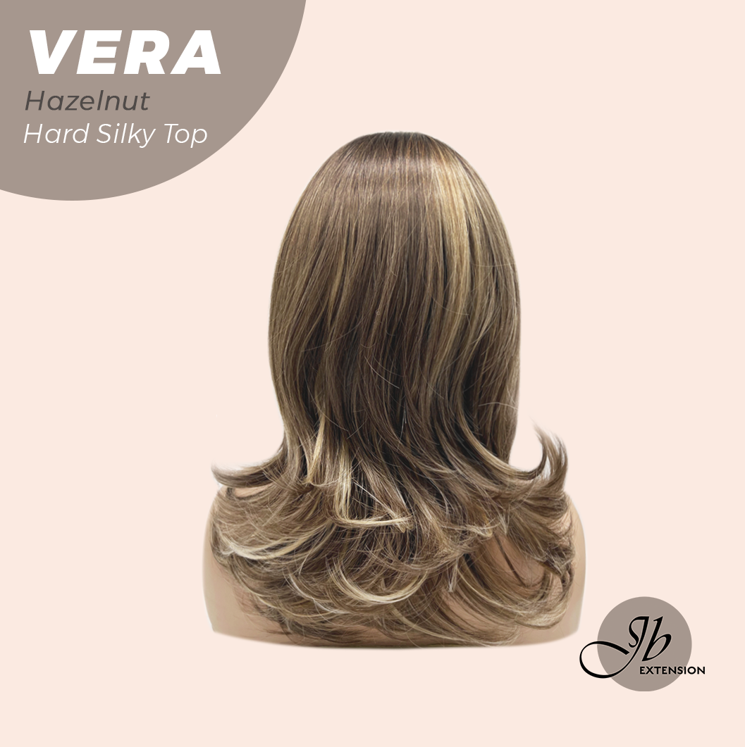 JBEXTENSION 17 Inches Scalpiana Curly Hazelnut 3.5X4 Hard Silky Top Natural Scalp Effect Wig with Bangs VERA CAMEL HAZELNUT