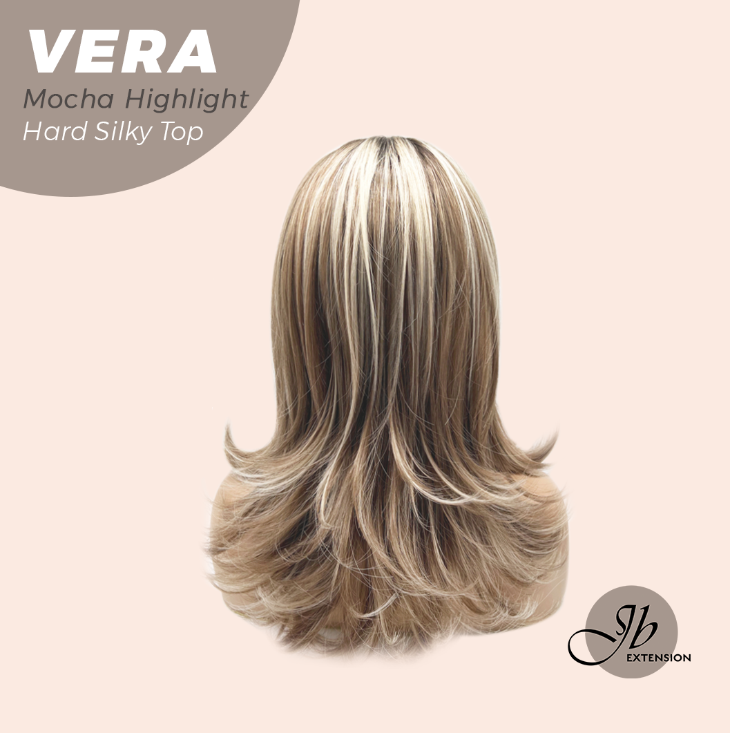 JBEXTENSION 17 Inches Scalpiana Curly Mocha Highlight 3.5X4 Hard Silky Top Natural Scalp Effect Wig with Bangs VERA MOCHA HIGHLIGHT