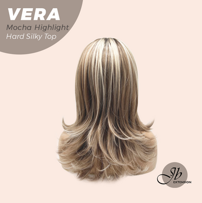 JBEXTENSION 17 Inches Scalpiana Curly Mocha Highlight 3.5X4 Hard Silky Top Natural Scalp Effect Wig with Bangs VERA MOCHA HIGHLIGHT
