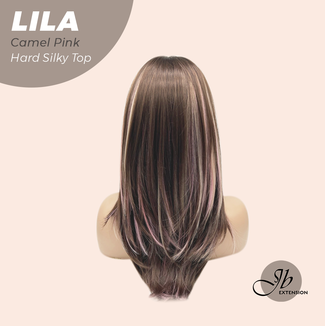 JBEXTENSION 20 Inches Scalpiana Camel Pink Wolf Cut 3.5X4 Hard Silky Top Natural Scalp Effect Wig With Bangs LILA CAMEL PINK