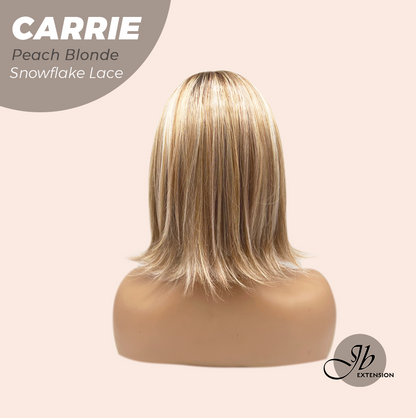 JBEXTENSION 11 Inches Short Hair Peach Blonde Pre-Cut Arc Snowflake Lace Frontlace Glueless Wig with Bangs CARRIE PEACH BLONDE【BENDY EAR TABS】