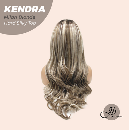 JBEXTENSION 26 Inches Scalpiana Long Curly Milan Blonde 3.5X4 Hard Silky Top Natural Scalp Effect Wig with Bangs KENDRA MILAN BLONDE